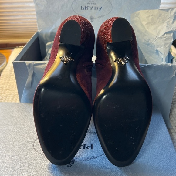 NEW IN BOX - Prada Suede Burgundy  Boots with Glitter Heel - Size 37 - Picture 5 of 7